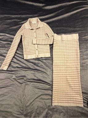 Marled Beige & Brown Striped Knit Cardigan and Skirt Set Xs